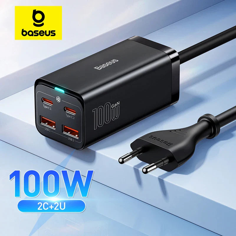 100W GaN charger with four ports from Baseus, featuring two USB-C and two USB-A connections.