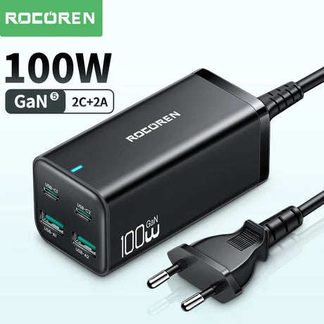 100W GaN charger with multiple USB ports and a power cable.