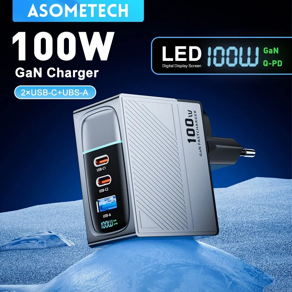 100W GaN charger with two USB-C ports, one USB-A port, and a digital display screen.