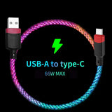 a close up of a usb to type c cable with a neon colored braid