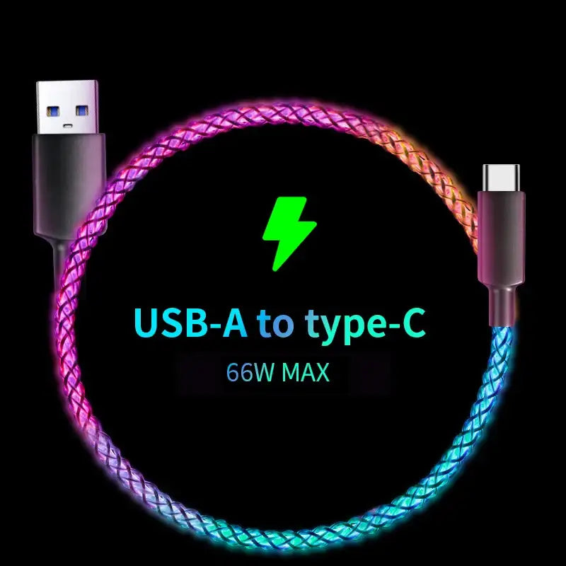a close up of a usb to type c cable with a neon glow