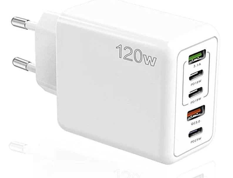 120W multi-port USB charger adapter with various USB-C and USB-A ports.