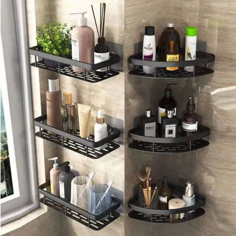 a bathroom shelf with a lot of bathroom items