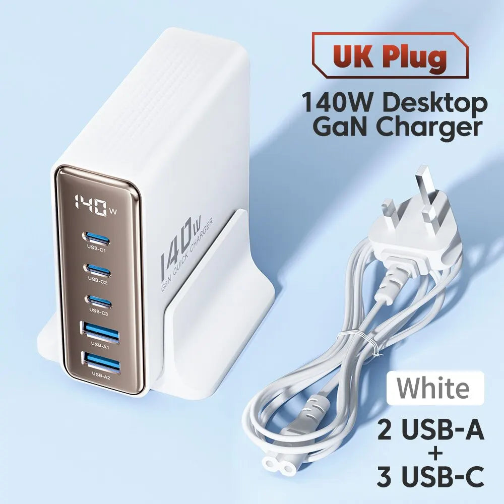 140W desktop GaN charger with UK plug, featuring multiple USB-A and USB-C ports.