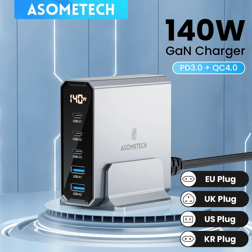 140W GaN charger with multiple USB ports and interchangeable plugs for different countries.