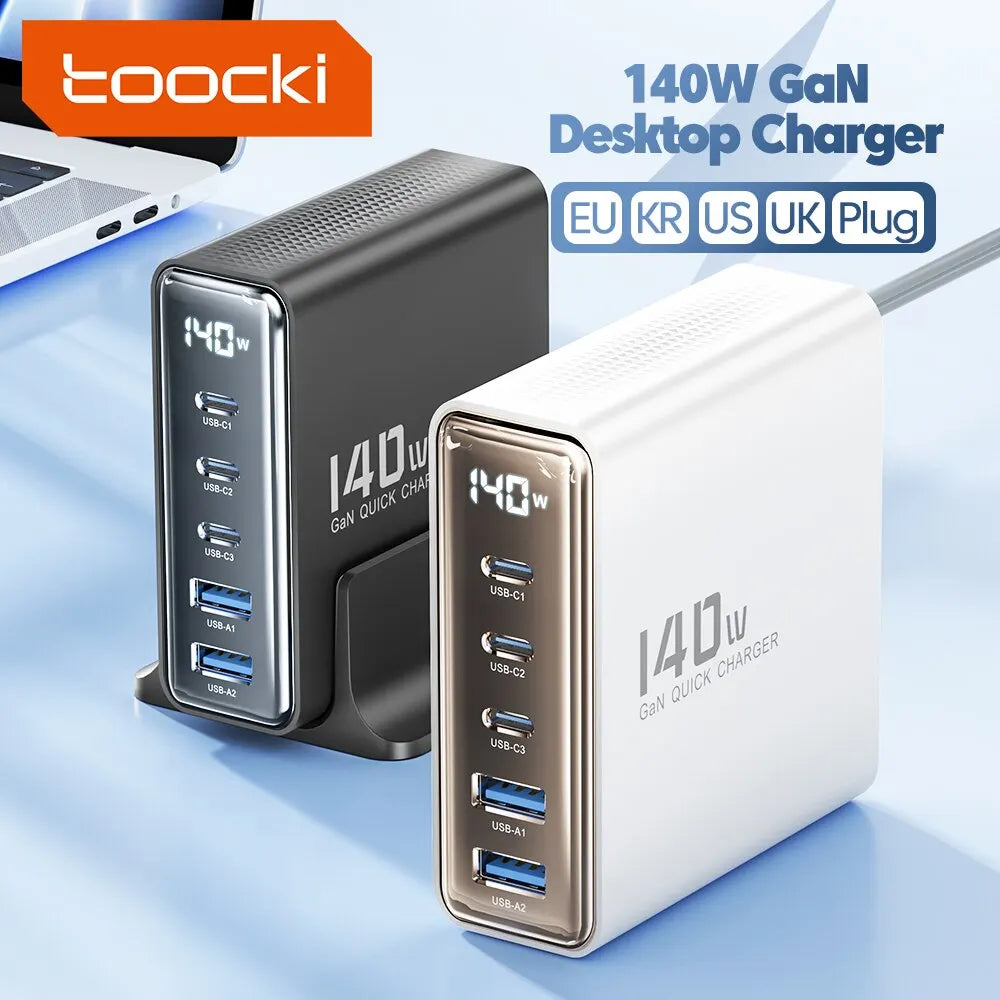 140W GaN desktop charger with multiple USB ports available in black and white colors.
