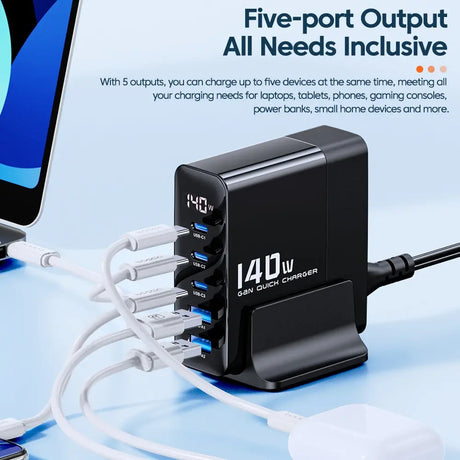 140W GaN quick charger with five USB ports for simultaneously charging multiple devices.