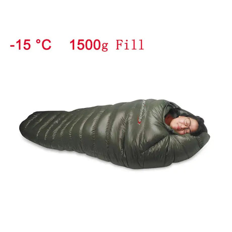 sleeping bag with a sleeping bag attached to it with the words 15c 1500g fill