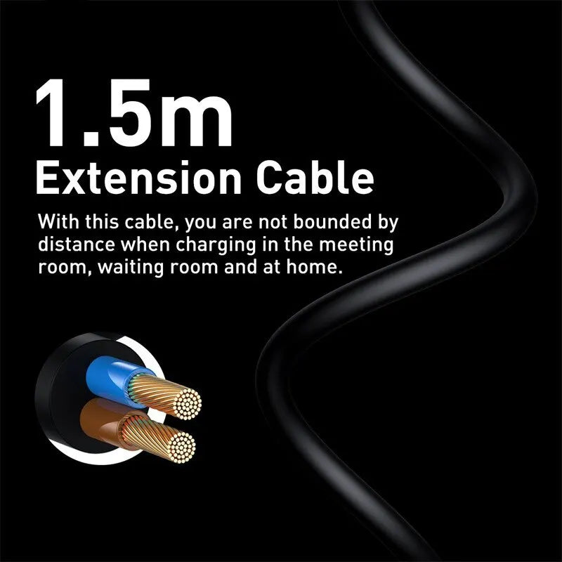 1.5-meter extension cable for charging devices in various locations.