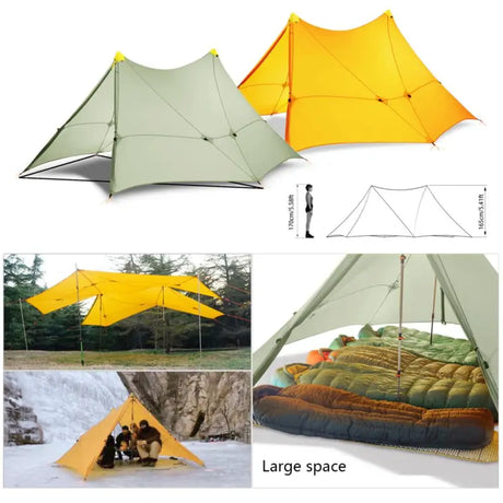 a close up of a tent with a sleeping bag and a tent with a sleeping bag