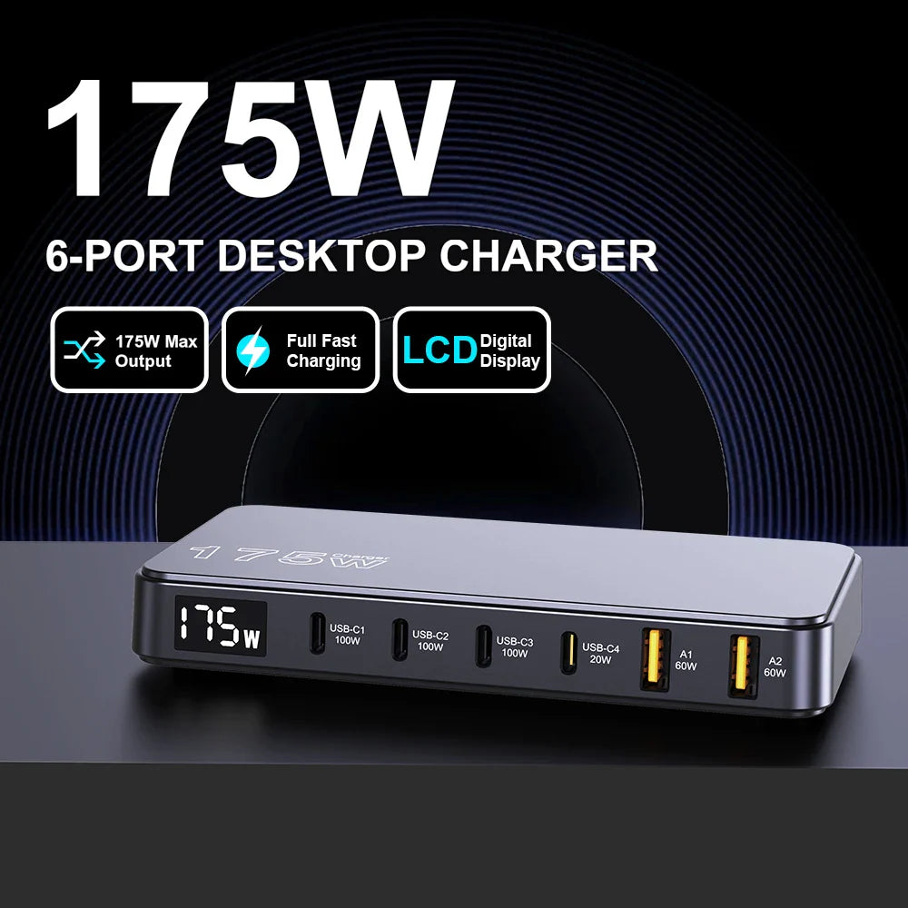 175W 6-port desktop charger with LCD display and multiple USB ports.