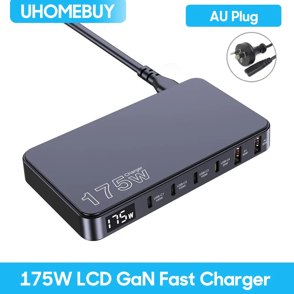 175W LCD GaN fast charger with multiple USB ports and an AU plug.