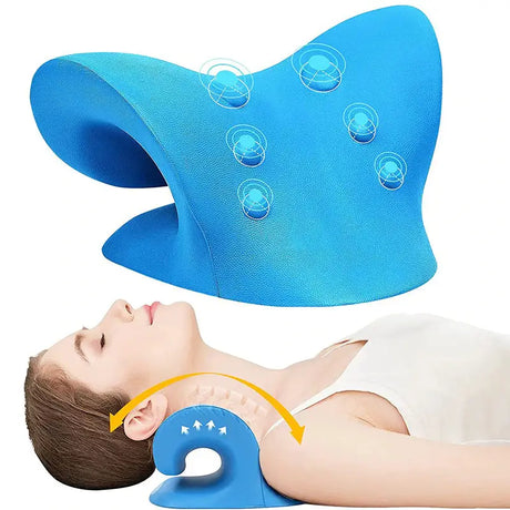 a woman laying on the back of a cervical pillow