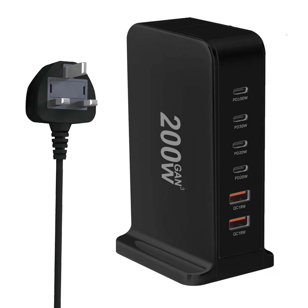 200W multi-port USB charging station with UK plug.