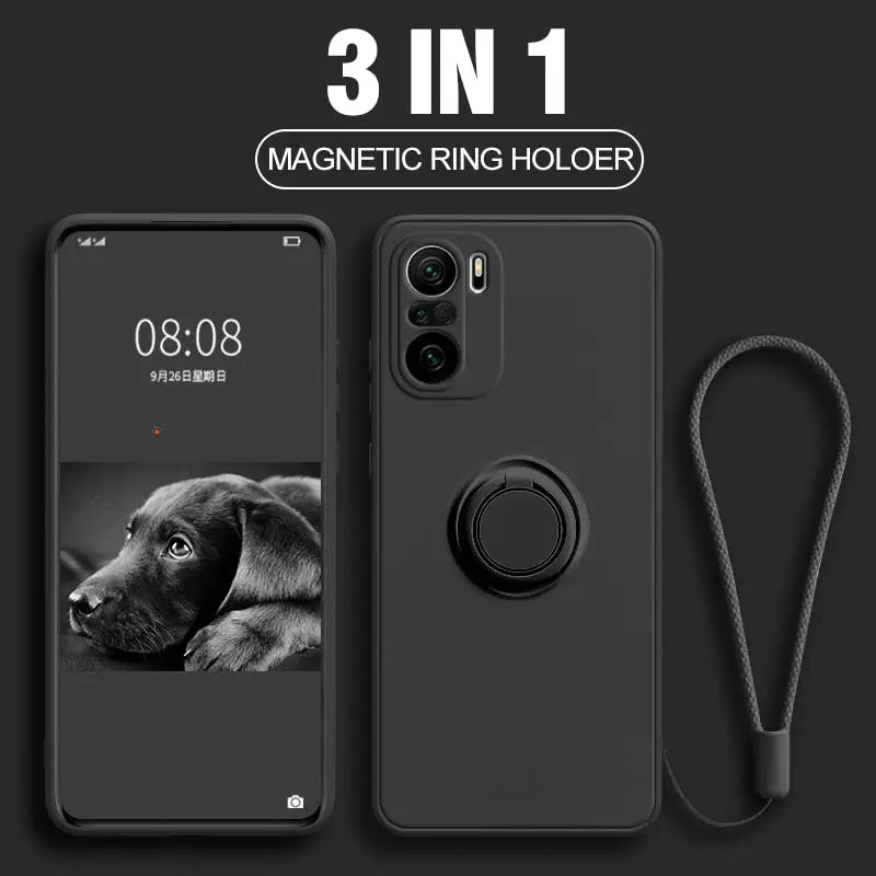 an image of a black phone with a ring holder attached to it