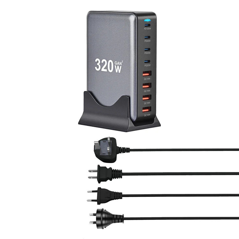 320W GaN multi-port USB charger with various power plug adapters.