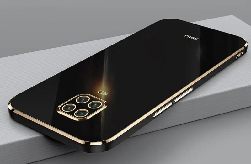 Sleek black smartphone with a gold-trimmed quad-camera module.