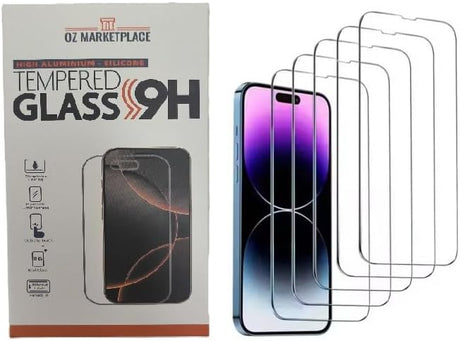 A package of tempered glass screen protectors for smartphones, including multiple individual protectors and a phone model for display.