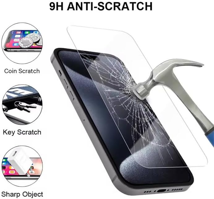 A shattered smartphone screen protector being hit by a hammer, demonstrating its anti-scratch and impact-resistant properties against coins, keys, and sharp objects.