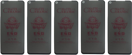 A row of five matte ceramic privacy screen protectors for smartphones, featuring ESD protection.