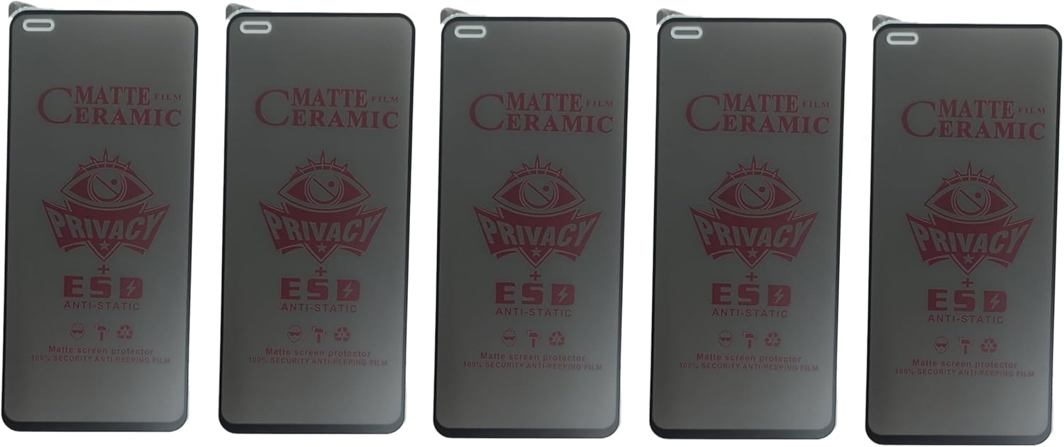 Five identical matte ceramic privacy screen protectors for smartphones.