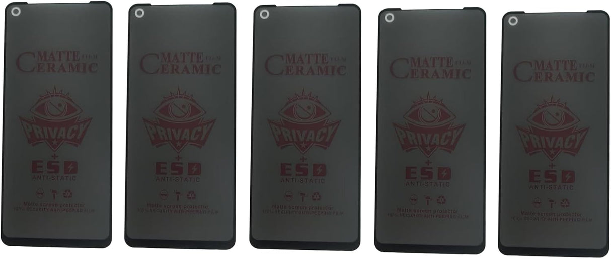 Five matte black smartphone-like devices with a circular cutout in the top left corner.