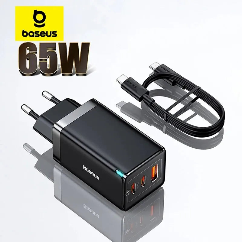 65W Baseus charger with multiple USB ports and an accompanying USB cable.