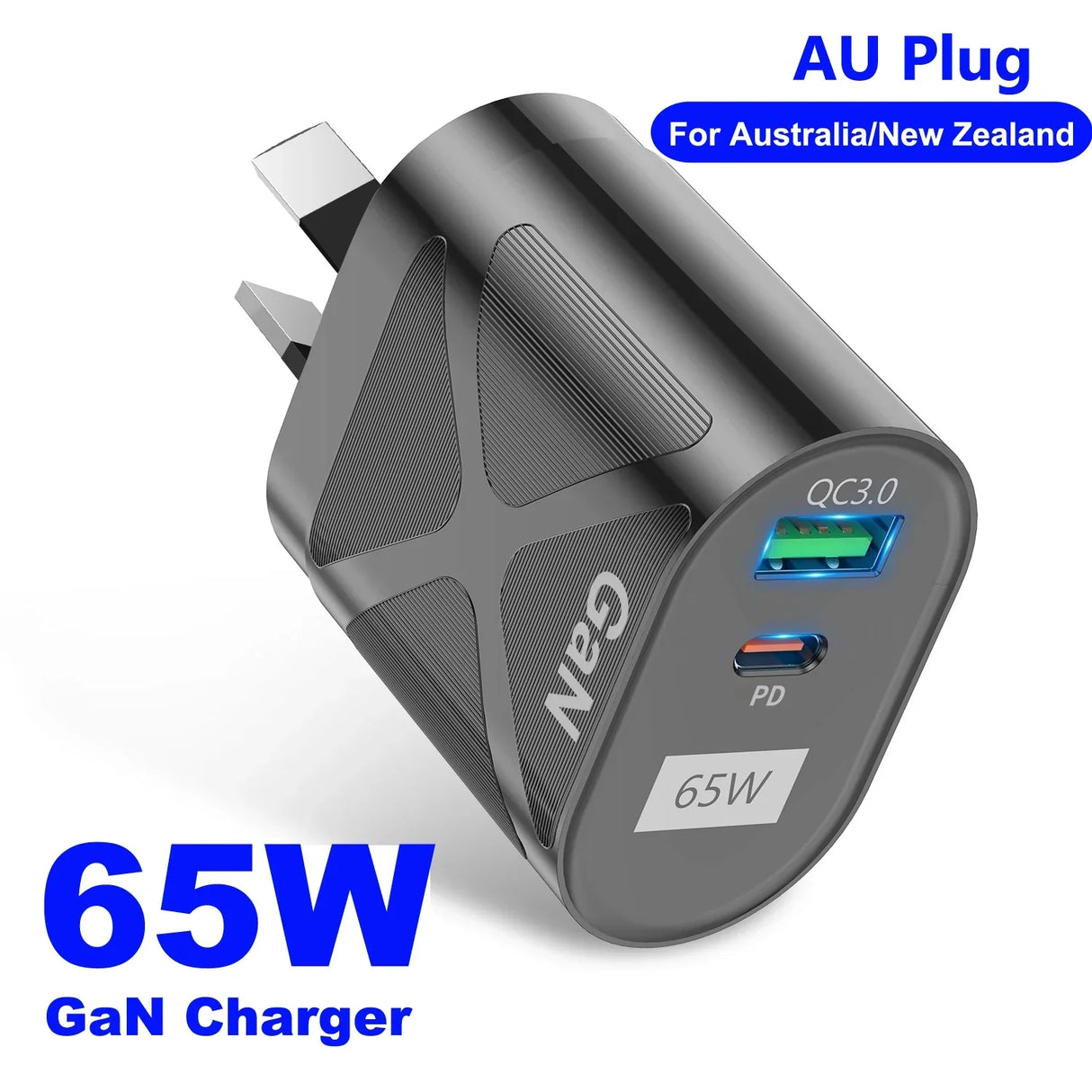 65W GaN charger with AU plug for Australia/New Zealand featuring QC3.0 and PD charging ports.
