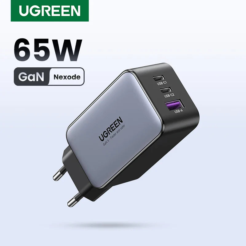 65W GaN Nexode USB charger by UGREEN with multiple ports.