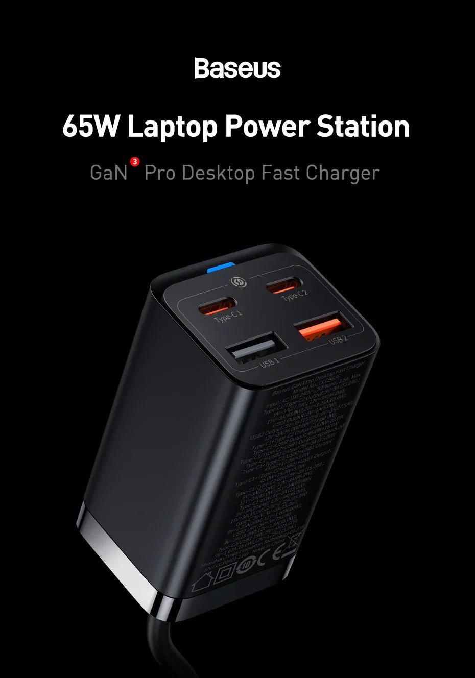 65W laptop power station with multiple charging ports and GaN Pro desktop fast charging technology.