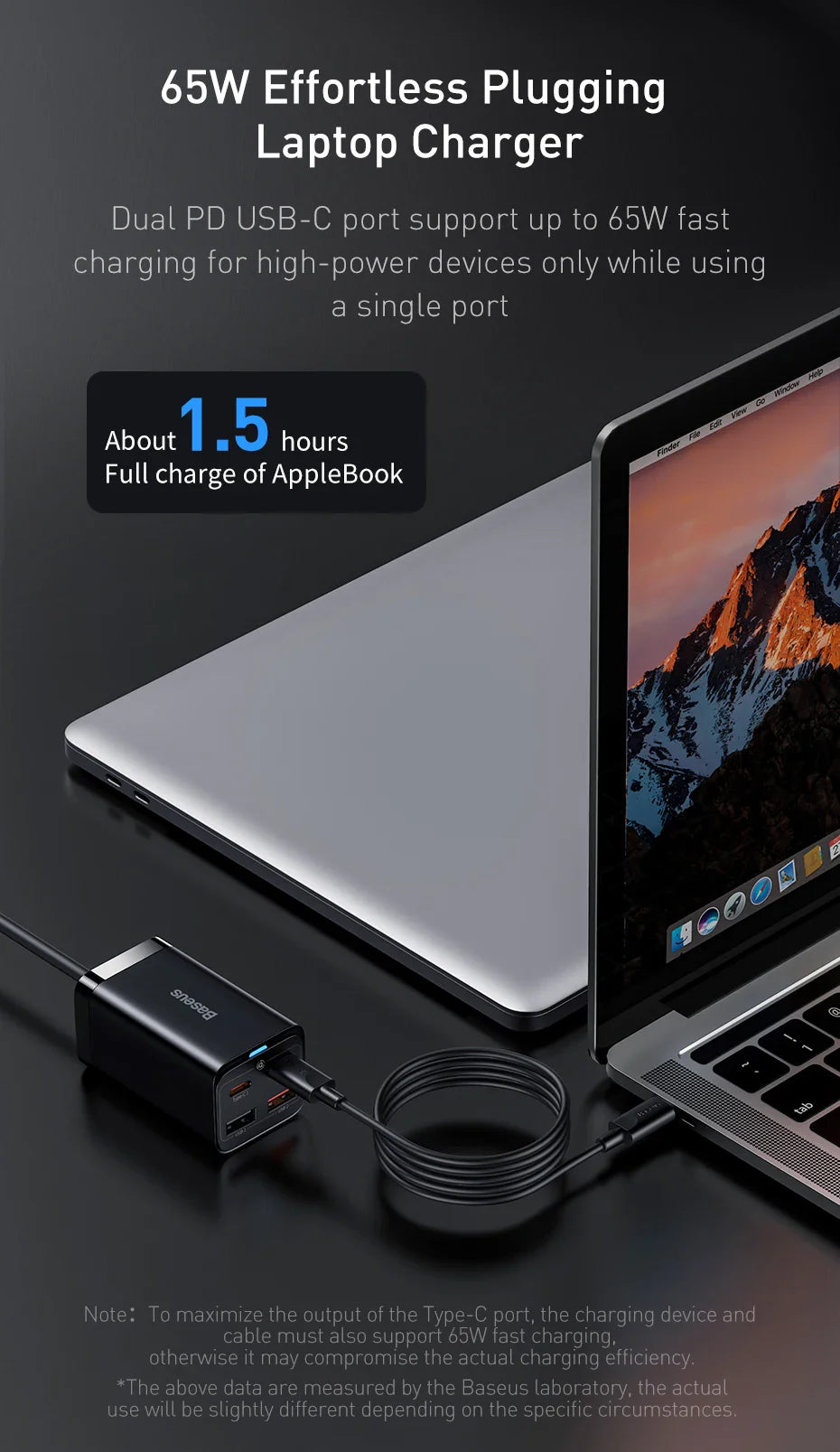 65W USB-C laptop charger with dual ports for fast charging high-power devices.
