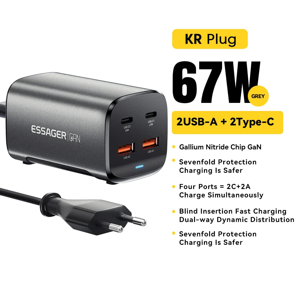 67W multi-port USB charger with GaN technology in grey color.