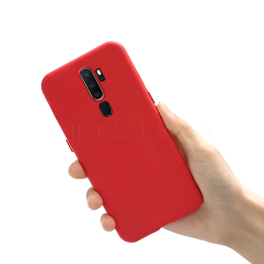 Red silicone phone case for a smartphone.