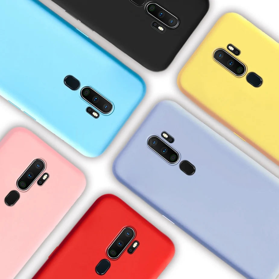 Six colorful smartphone cases with camera cutouts.