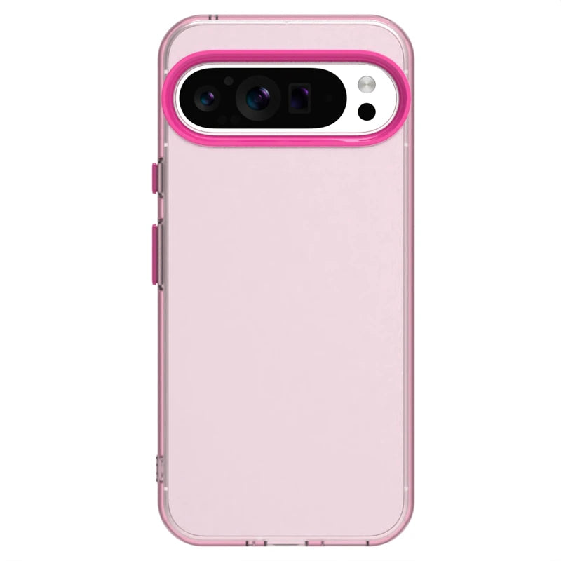 Pink translucent smartphone case with a contrasting fuchsia camera bar accent.