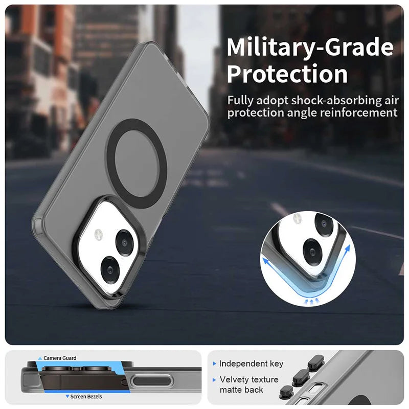 A clear, magnetic phone case with reinforced corners and independent buttons.