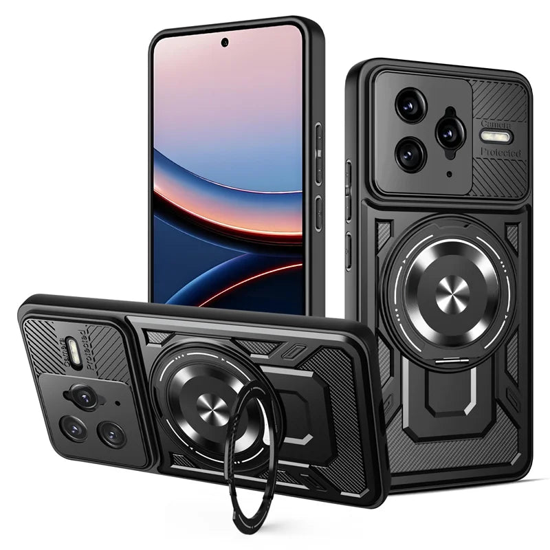 Black rugged smartphone case with a rotating ring kickstand and sliding camera cover.