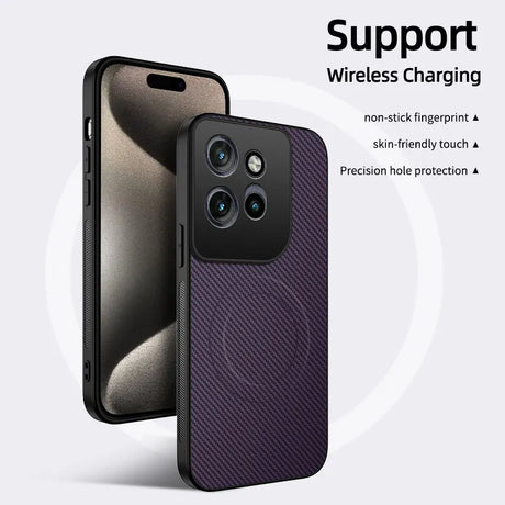 Purple textured phone case with camera cutouts and a circular magnetic ring.