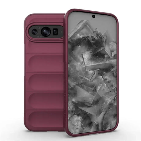 Maroon smartphone in a protective case, featuring a camera bar and an abstract wallpaper.