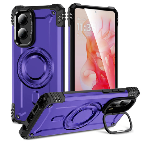 Purple rugged phone case with a kickstand and ring holder.
