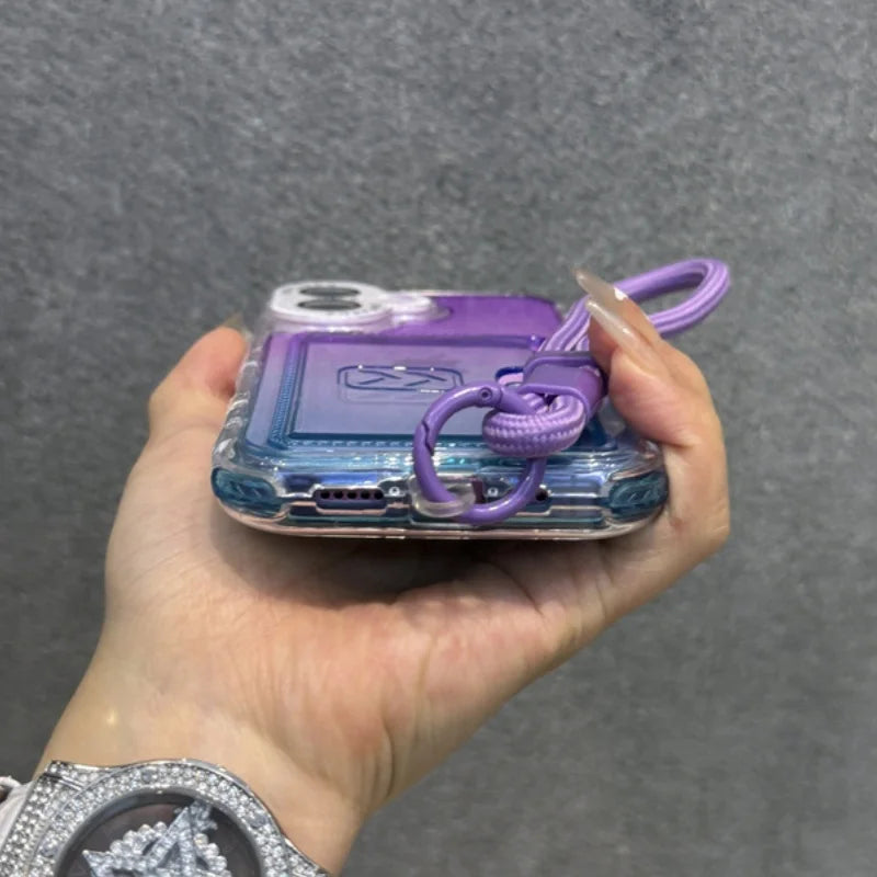 Purple and blue gradient clear phone case with a matching lanyard.