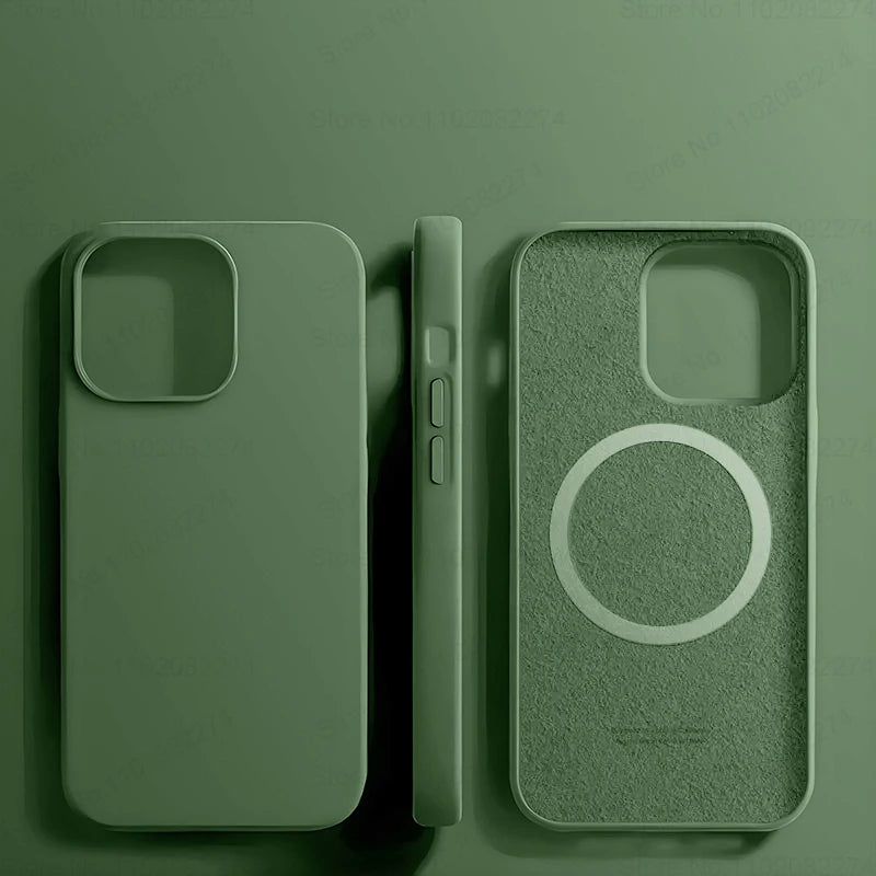 Three views of a green silicone phone case with a MagSafe ring.