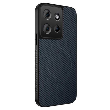 Black smartphone case with a carbon fiber texture and a circular magnetic attachment on the back.