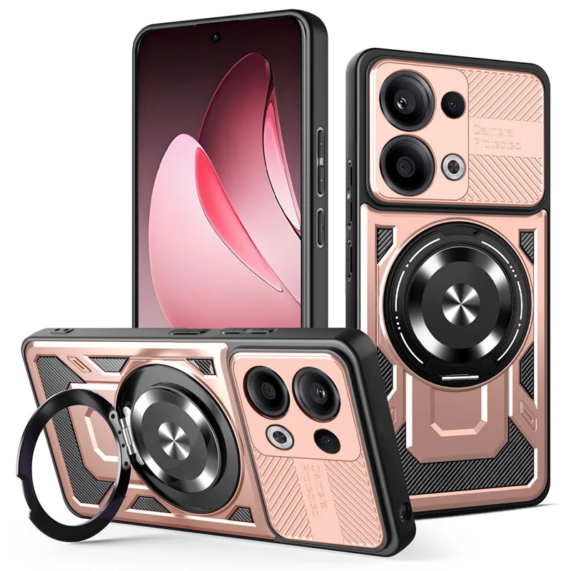 Rose gold and black rugged phone case with a camera cover and a ring stand.