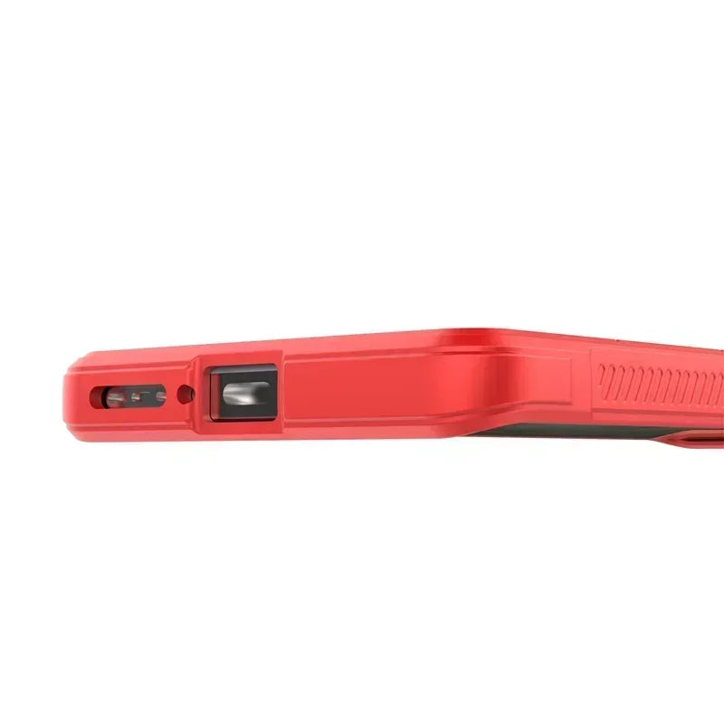 Red smartphone case with cutouts for charging port and speaker.