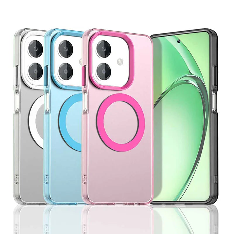 Three transparent phone cases with colored camera and magnetic rings, plus one phone in a clear case.