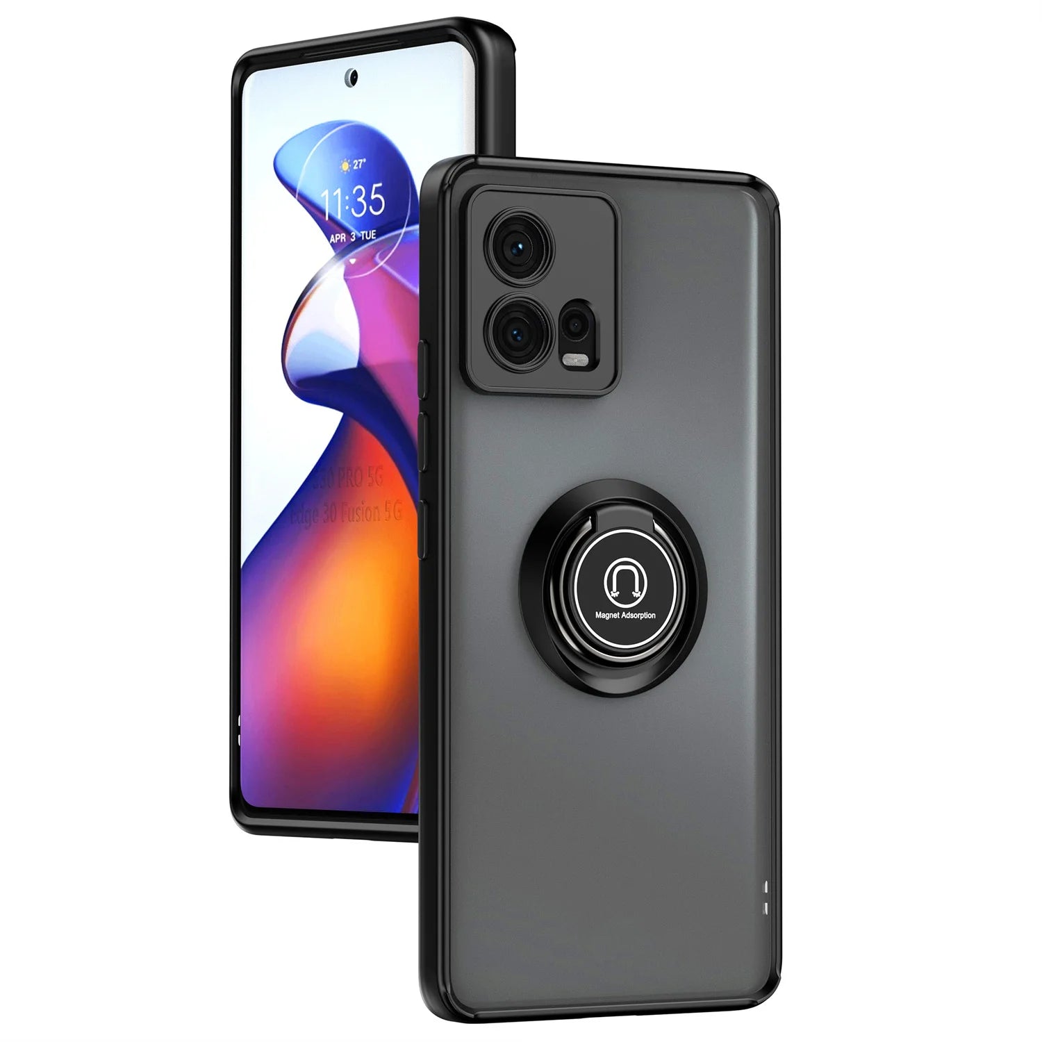 Black phone with a clear protective case featuring a magnetic ring holder.