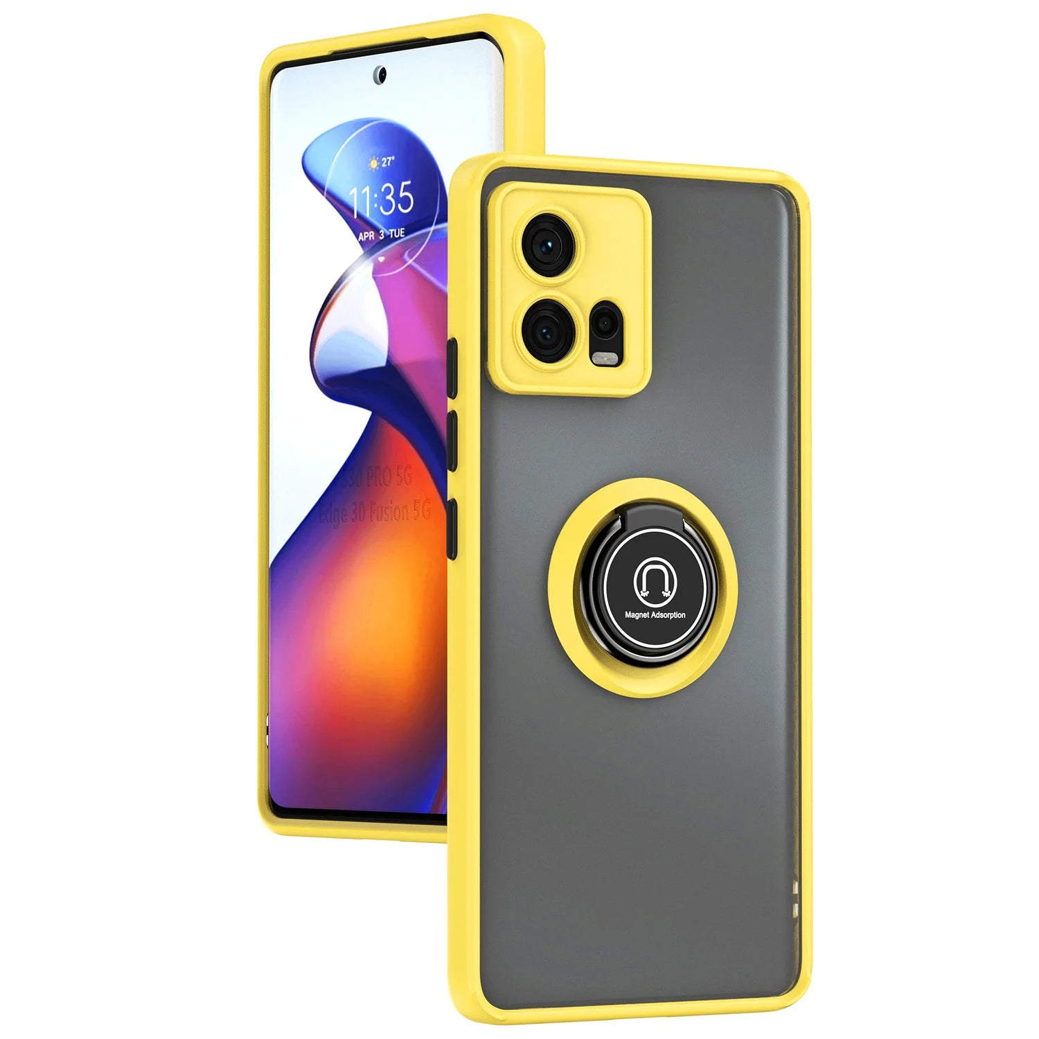 Yellow-rimmed translucent phone case with a magnetic ring holder.