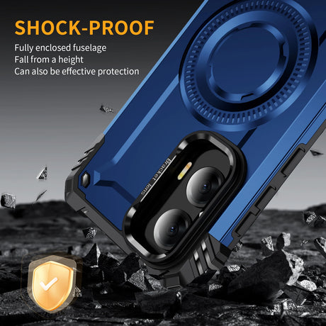 A shock-proof phone case with a camera lens protector and a ring holder.