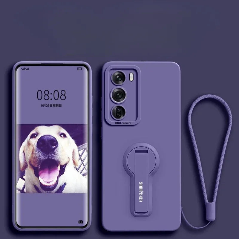 Purple smartphone and matching case with a kickstand and wrist strap.